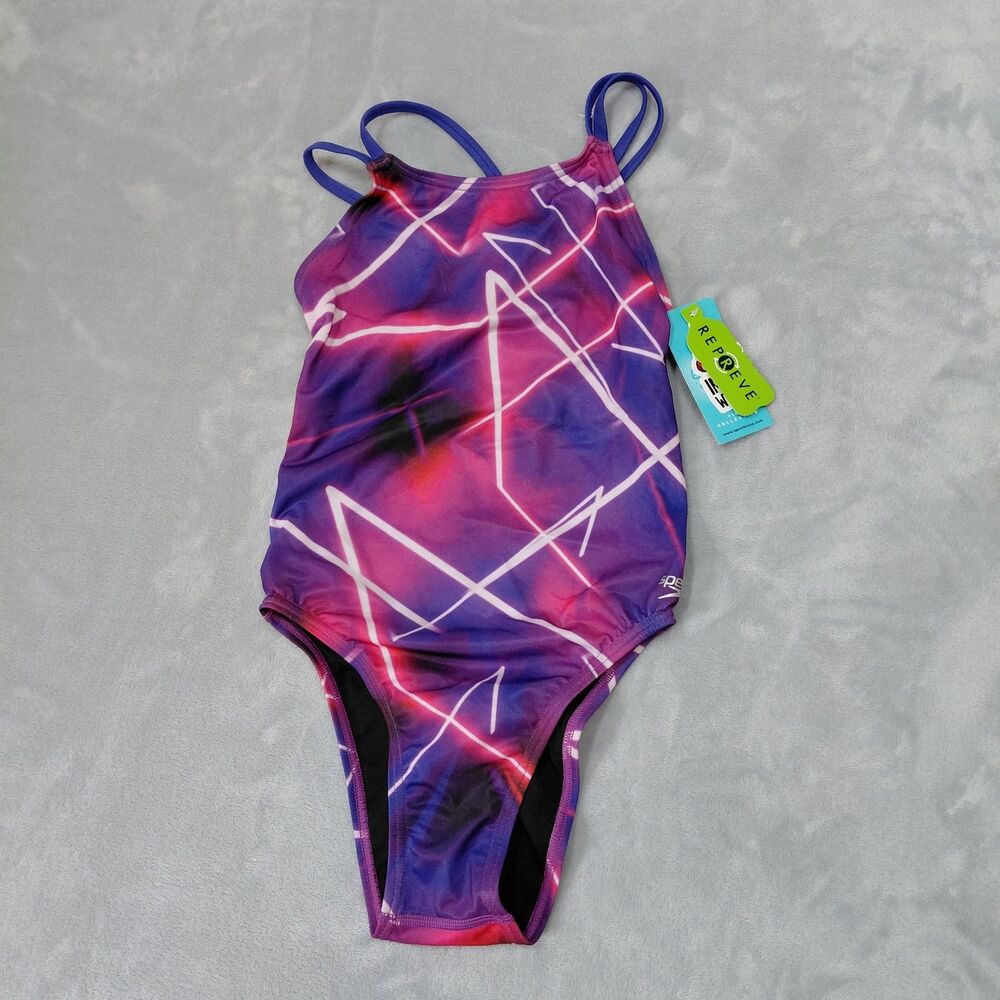 NWT Speedo Eco Endurance Cheeky Fit Crossback Late Nite Neon Swimsuit Size 28 XS